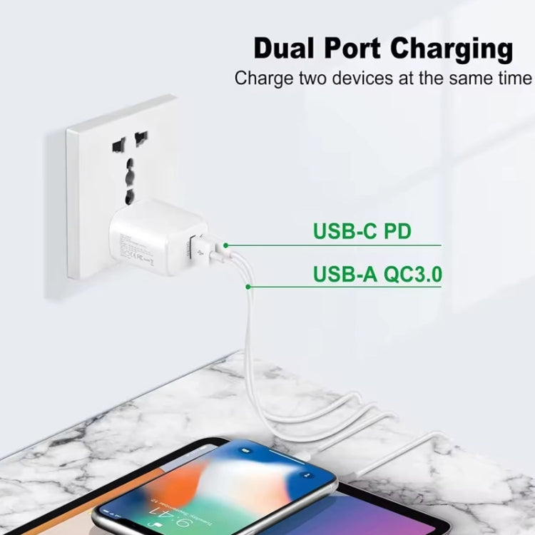PD31 30W USB-C / Type-C + USB-A Charger with Type-C+8 Pin 2-in-1 Data Cable, EU Plug
