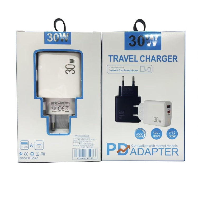 PD31 30W USB-C / Type-C + USB-A Charger with Type-C+8 Pin 2-in-1 Data Cable, EU Plug