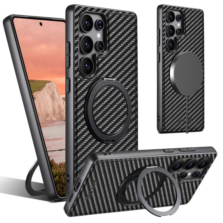 Suteni G3 Carbon Fiber Leather 360 Rotation Holder MagSafe Phone Case, For Samsung Galaxy S26 Ultra 5G, For Samsung Galaxy S25 5G, For Samsung Galaxy S25+ 5G, For Samsung Galaxy S25 Ultra 5G, For Samsung Galaxy S24 Ultra 5G, For Samsung Galaxy S24+ 5G ...