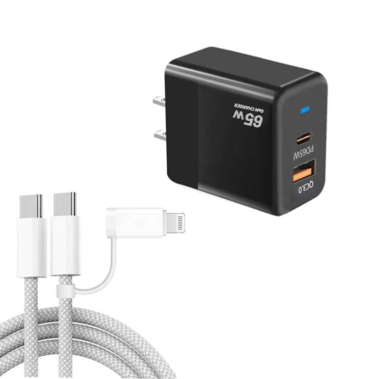 PD41 GaN PD 45W + USB Charger with USB-C to USB-C / 8 Pin Data Cable for iPhone, US Plug