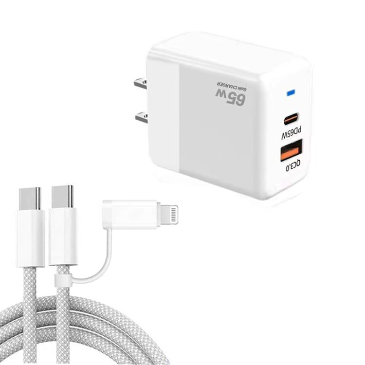 PD41 GaN PD 45W + USB Charger with USB-C to USB-C / 8 Pin Data Cable for iPhone, US Plug