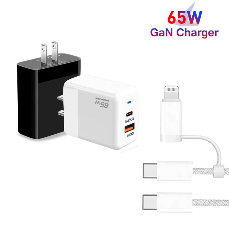 PD41 GaN PD 45W + USB Charger with USB-C to USB-C / 8 Pin Data Cable for iPhone, US Plug