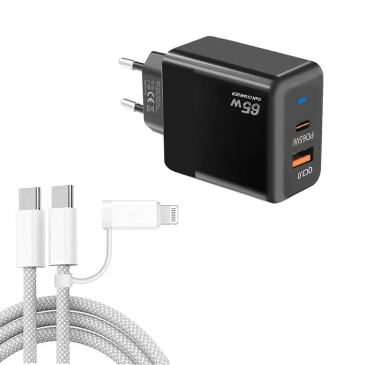 PD41 GaN PD 45W + USB Charger with USB-C to USB-C / 8 Pin Data Cable for iPhone, EU Plug