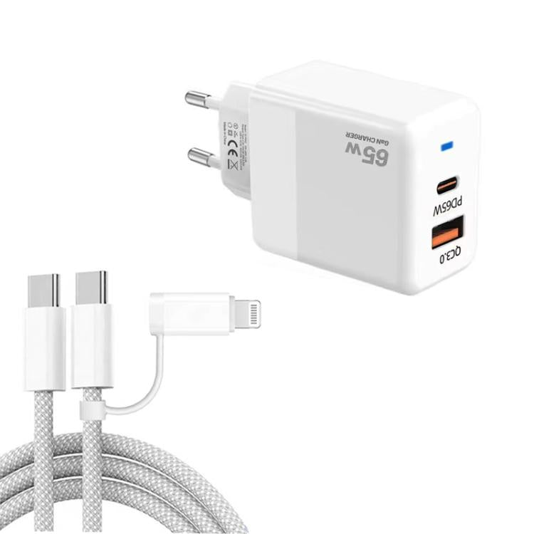 PD41 GaN PD 45W + USB Charger with USB-C to USB-C / 8 Pin Data Cable for iPhone, EU Plug