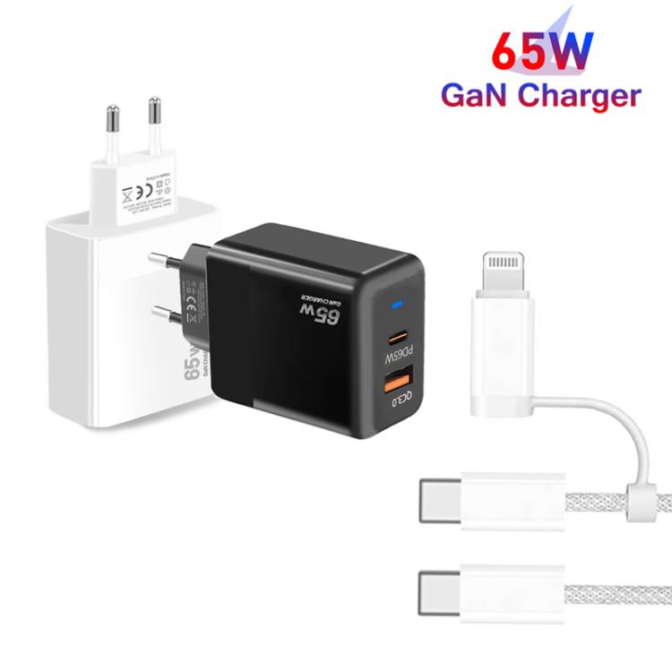 PD41 GaN PD 45W + USB Charger with USB-C to USB-C / 8 Pin Data Cable for iPhone, EU Plug