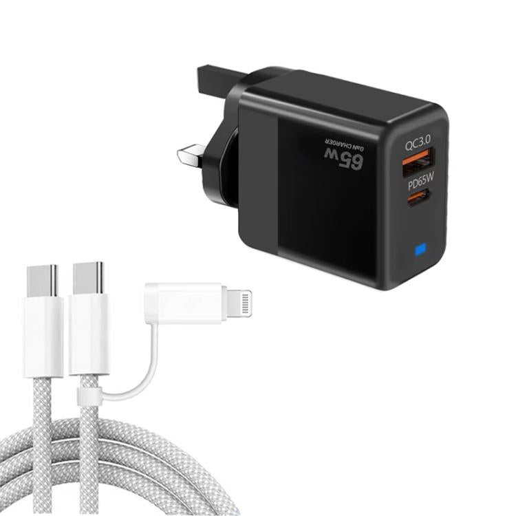 PD41 GaN PD 45W + USB Charger with USB-C to USB-C / 8 Pin Data Cable for iPhone, UK Plug