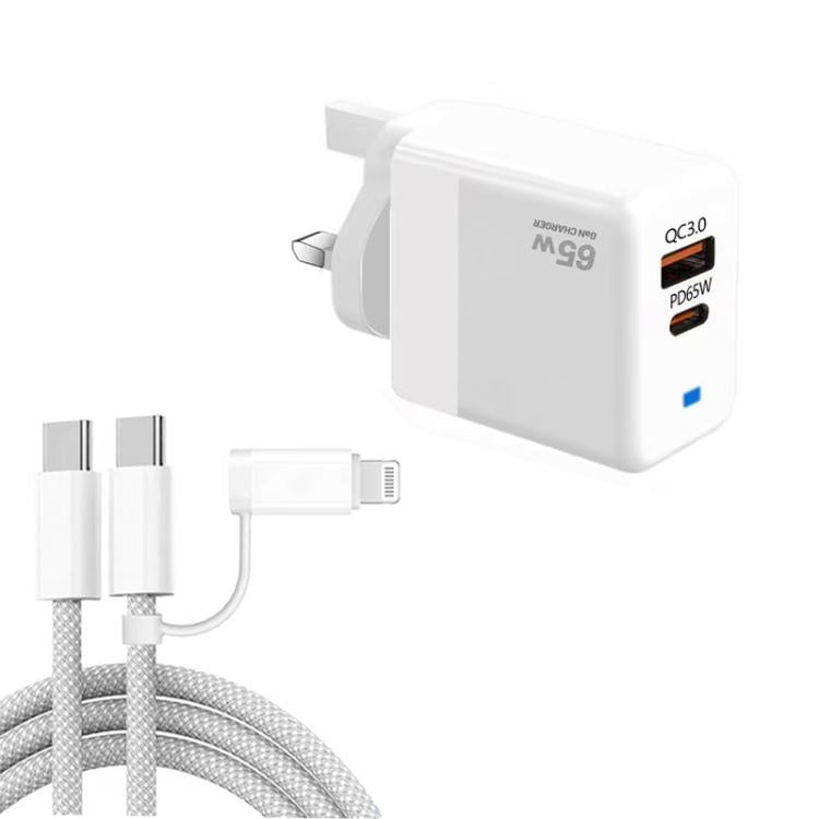 PD41 GaN PD 45W + USB Charger with USB-C to USB-C / 8 Pin Data Cable for iPhone, UK Plug