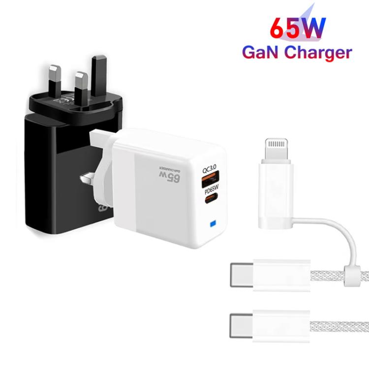 PD41 GaN PD 45W + USB Charger with USB-C to USB-C / 8 Pin Data Cable for iPhone, UK Plug