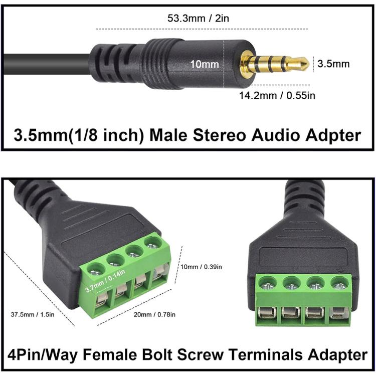 JUNSUNMAY 3.5mm Male to 4 Pin Stereo Audio Terminal Block Balum Connection Cable, Length: 30cm
