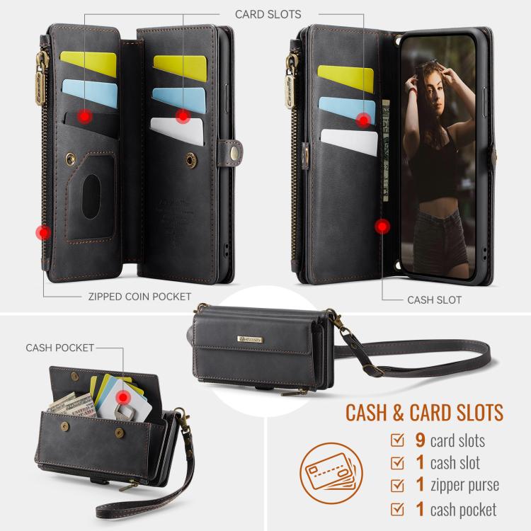 CaseMe C39 RFID Blocking Zipper Wallet Leather Phone Case with Crossbody Strap