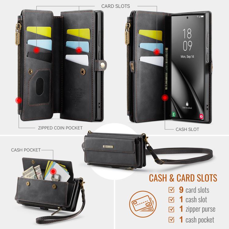CaseMe C39 RFID Blocking Zipper Wallet Leather Phone Case with Crossbody Strap, For Samsung Galaxy S25 Ultra 5G, For Samsung Galaxy S24 FE 5G, For Samsung Galaxy A55 5G, For Samsung Galaxy S24 Ultra 5G, For Samsung Galaxy A15, For Samsung Galaxy S23 FE...