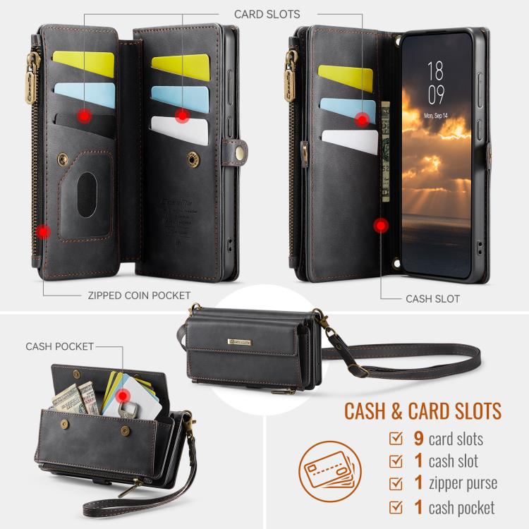 CaseMe C39 RFID Blocking Zipper Wallet Leather Phone Case with Crossbody Strap, For Samsung Galaxy S20 FE 5G, For Samsung Galaxy S20 Ultra 5G, For Samsung Galaxy S20+ 5G, For Samsung Galaxy S20 5G, For Samsung Galaxy A17, For Samsung Galaxy S25 / S24 5...