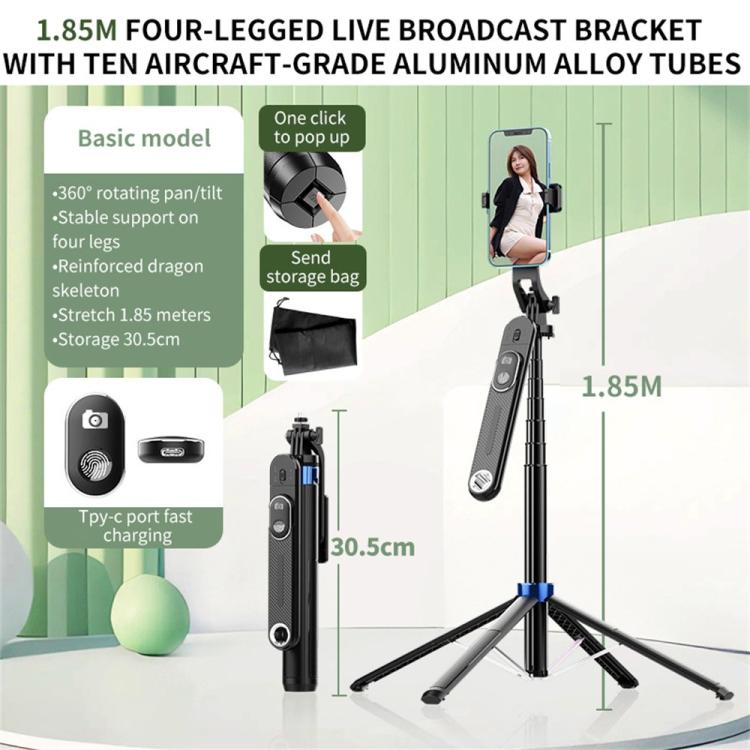 P515 Portable Retractable Four-Legs Phone Stand Selfie Stick with Bluetooth Remote Control