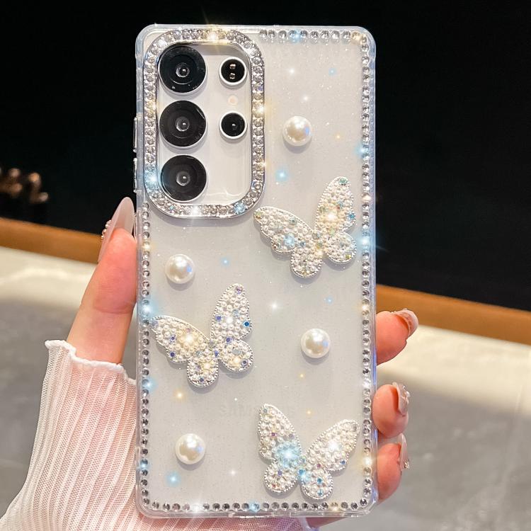 Diamond Glitter Pearl Butterfly Four-Corner Shockproof Phone Case, For Samsung Galaxy S25 5G, For Samsung Galaxy S25+ 5G, For Samsung Galaxy S25 Ultra 5G, For Samsung Galaxy A16 5G, For Samsung Galaxy S24 FE 5G, For Samsung Galaxy A15 5G               ...
