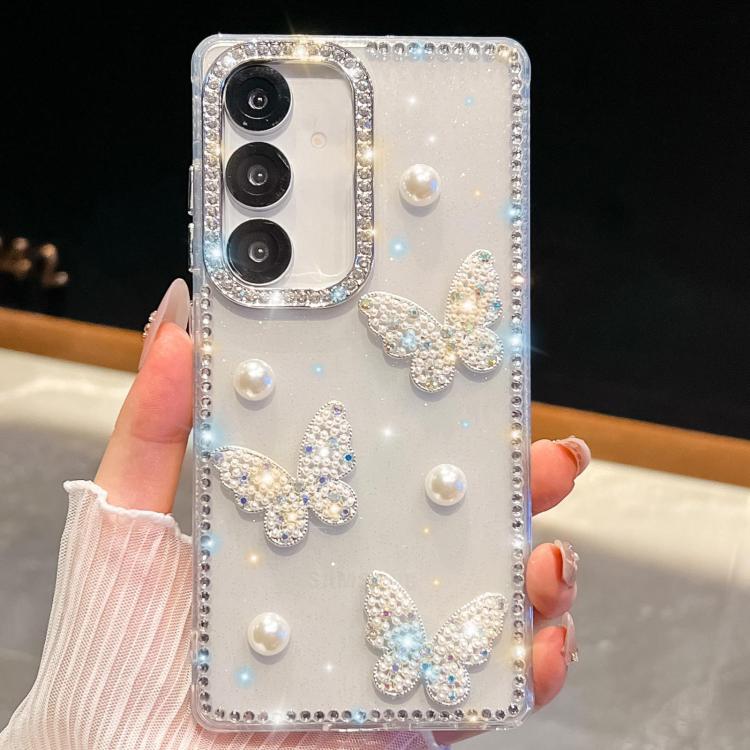 Diamond Glitter Pearl Butterfly Four-Corner Shockproof Phone Case, For Samsung Galaxy S25 5G, For Samsung Galaxy S25+ 5G, For Samsung Galaxy S25 Ultra 5G, For Samsung Galaxy A16 5G, For Samsung Galaxy S24 FE 5G, For Samsung Galaxy A15 5G               ...