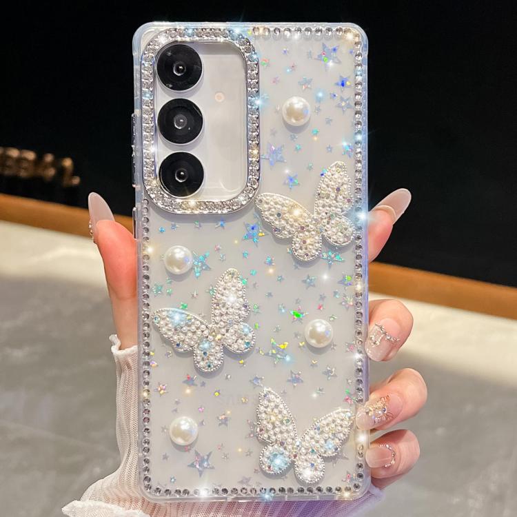 Diamond Glitter Pearl Butterfly Four-Corner Shockproof Phone Case, For Samsung Galaxy S25 5G, For Samsung Galaxy S25+ 5G, For Samsung Galaxy S25 Ultra 5G, For Samsung Galaxy A16 5G, For Samsung Galaxy S24 FE 5G, For Samsung Galaxy A15 5G               ...
