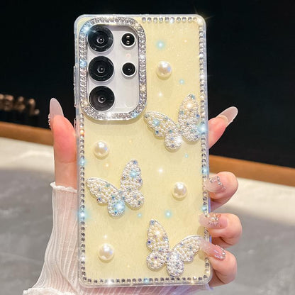 Diamond Glitter Pearl Butterfly Four-Corner Shockproof Phone Case, For Samsung Galaxy S24 Ultra 5G, For Samsung Galaxy S24+ 5G, For Samsung Galaxy S24 5G, For Samsung Galaxy S23 Ultra 5G