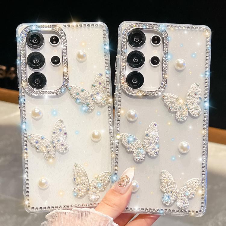 Diamond Glitter Pearl Butterfly Four-Corner Shockproof Phone Case, For Samsung Galaxy S24 Ultra 5G, For Samsung Galaxy S24+ 5G, For Samsung Galaxy S24 5G, For Samsung Galaxy S23 Ultra 5G