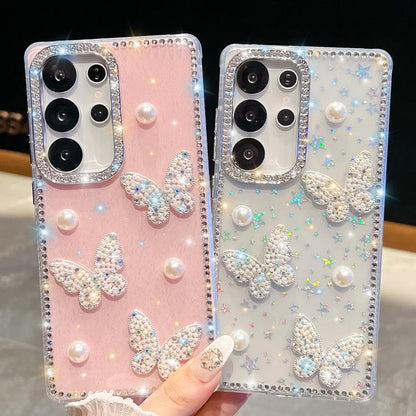 Diamond Glitter Pearl Butterfly Four-Corner Shockproof Phone Case, For Samsung Galaxy S24 Ultra 5G, For Samsung Galaxy S24+ 5G, For Samsung Galaxy S24 5G, For Samsung Galaxy S23 Ultra 5G