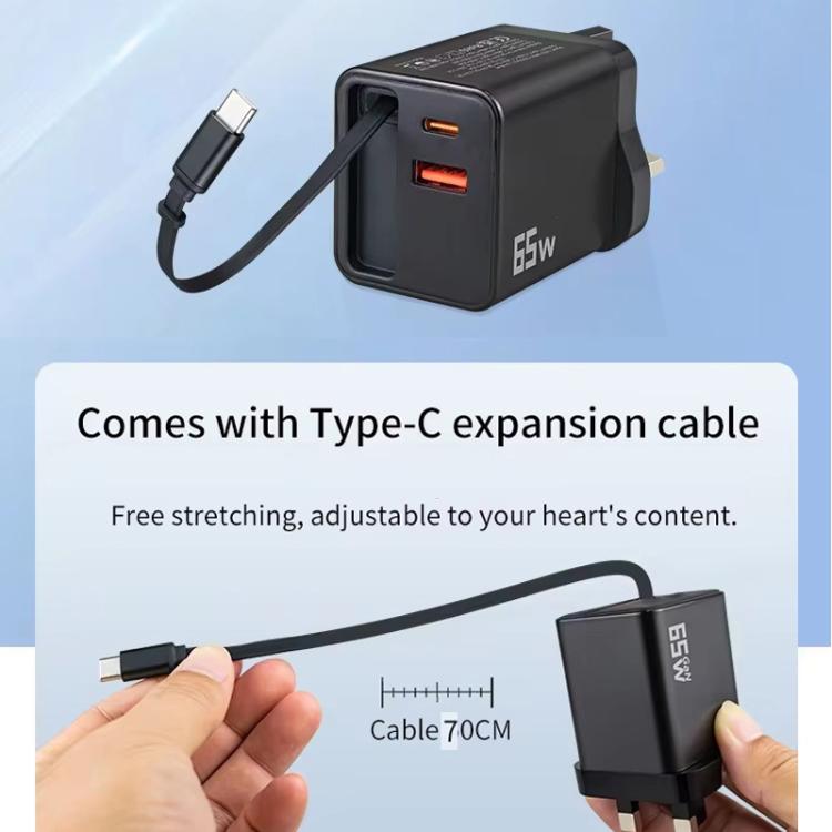 FC1 3-in-1 70cm Retractable Type-C Cable, PD3.0, QC3.0 USB Phone Charger, UK Plug