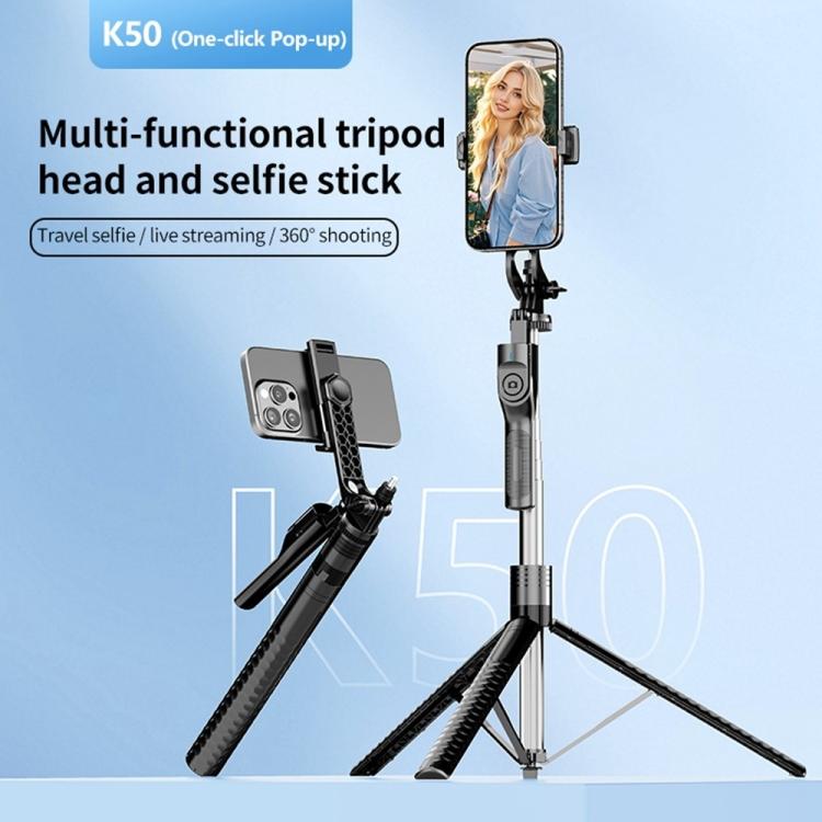 K50 1.9m Extendable Live Streaming Floor Stand Single Phone Clip Bluetooth Selfie Stick Tripod