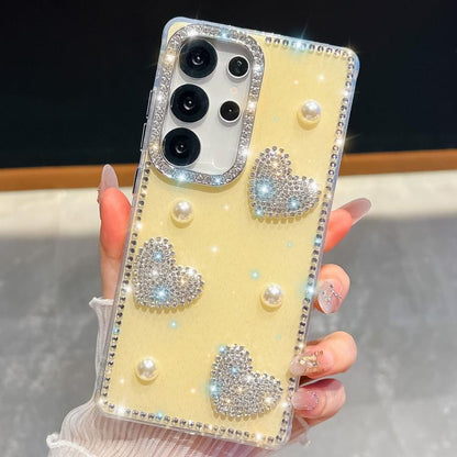 Diamond Glitter Pearl Heart Four-Corner Shockproof Phone Case, For Samsung Galaxy S24 Ultra 5G, For Samsung Galaxy S24+ 5G, For Samsung Galaxy S24 5G, For Samsung Galaxy S23 Ultra 5G