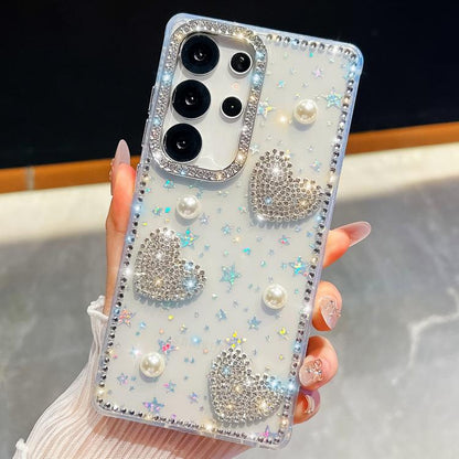 Diamond Glitter Pearl Heart Four-Corner Shockproof Phone Case, For Samsung Galaxy S24 Ultra 5G, For Samsung Galaxy S24+ 5G, For Samsung Galaxy S24 5G, For Samsung Galaxy S23 Ultra 5G