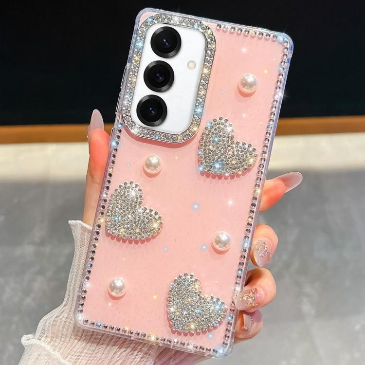 Diamond Glitter Pearl Heart Four-Corner Shockproof Phone Case, For Samsung Galaxy S24 Ultra 5G, For Samsung Galaxy S24+ 5G, For Samsung Galaxy S24 5G, For Samsung Galaxy S23 Ultra 5G