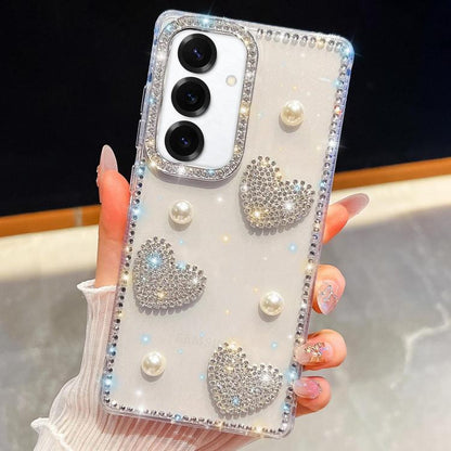 Diamond Glitter Pearl Heart Four-Corner Shockproof Phone Case, For Samsung Galaxy S24 Ultra 5G, For Samsung Galaxy S24+ 5G, For Samsung Galaxy S24 5G, For Samsung Galaxy S23 Ultra 5G