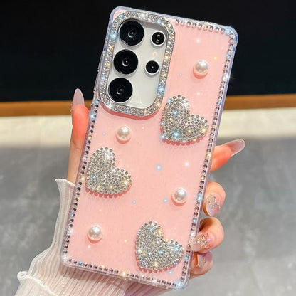 Diamond Glitter Pearl Heart Four-Corner Shockproof Phone Case, For Samsung Galaxy S24 Ultra 5G, For Samsung Galaxy S24+ 5G, For Samsung Galaxy S24 5G, For Samsung Galaxy S23 Ultra 5G