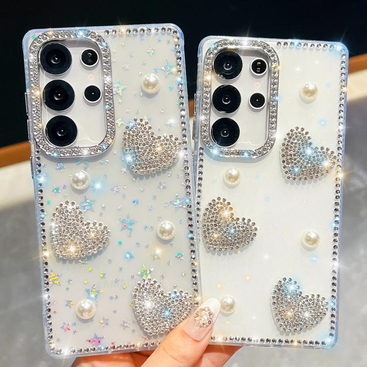 Diamond Glitter Pearl Heart Four-Corner Shockproof Phone Case, For Samsung Galaxy S24 Ultra 5G, For Samsung Galaxy S24+ 5G, For Samsung Galaxy S24 5G, For Samsung Galaxy S23 Ultra 5G