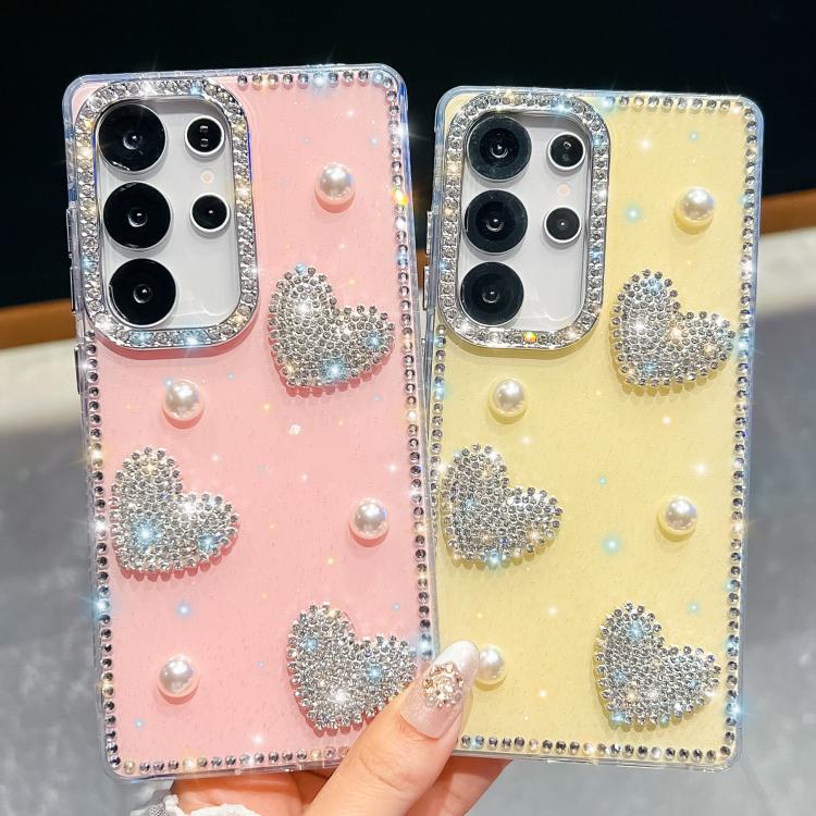 Diamond Glitter Pearl Heart Four-Corner Shockproof Phone Case, For Samsung Galaxy S24 Ultra 5G, For Samsung Galaxy S24+ 5G, For Samsung Galaxy S24 5G, For Samsung Galaxy S23 Ultra 5G