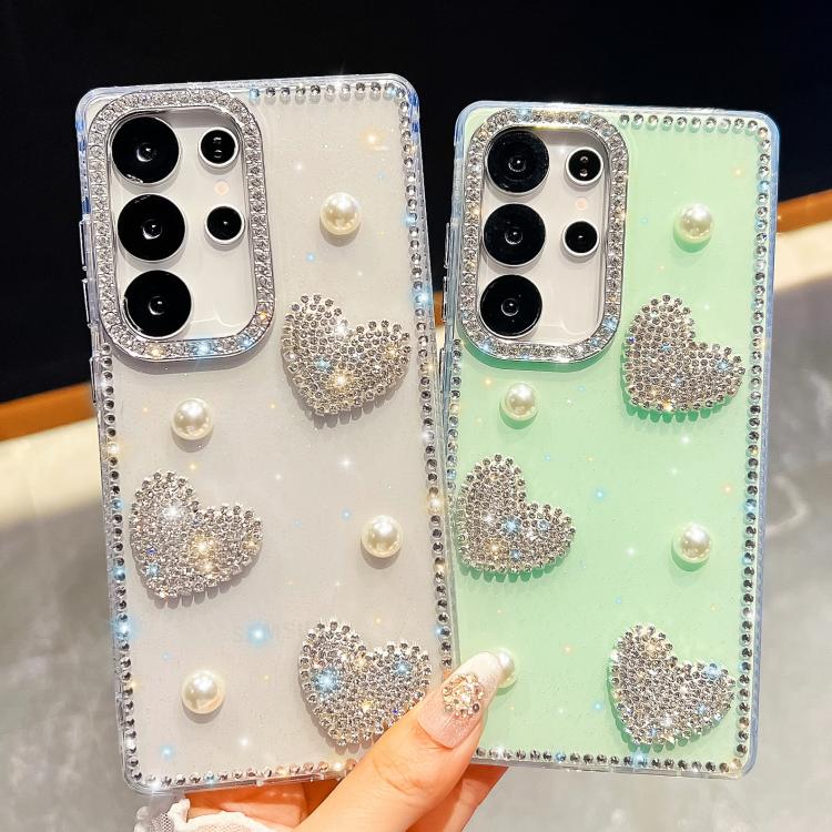 Diamond Glitter Pearl Heart Four-Corner Shockproof Phone Case, For Samsung Galaxy S24 Ultra 5G, For Samsung Galaxy S24+ 5G, For Samsung Galaxy S24 5G, For Samsung Galaxy S23 Ultra 5G
