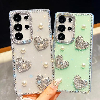 Diamond Glitter Pearl Heart Four-Corner Shockproof Phone Case, For Samsung Galaxy S24 Ultra 5G, For Samsung Galaxy S24+ 5G, For Samsung Galaxy S24 5G, For Samsung Galaxy S23 Ultra 5G