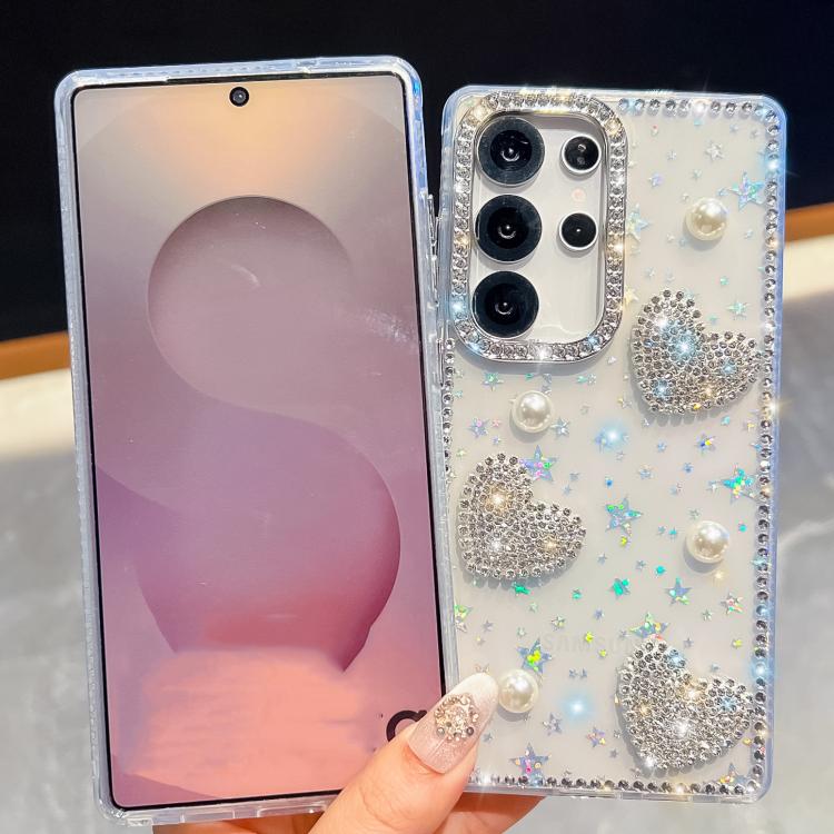 Diamond Glitter Pearl Heart Four-Corner Shockproof Phone Case, For Samsung Galaxy S24 Ultra 5G, For Samsung Galaxy S24+ 5G, For Samsung Galaxy S24 5G, For Samsung Galaxy S23 Ultra 5G
