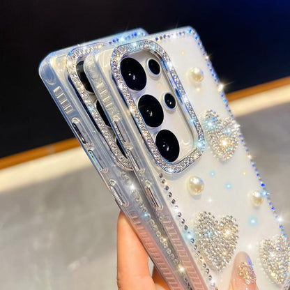 Diamond Glitter Pearl Heart Four-Corner Shockproof Phone Case, For Samsung Galaxy S24 Ultra 5G, For Samsung Galaxy S24+ 5G, For Samsung Galaxy S24 5G, For Samsung Galaxy S23 Ultra 5G