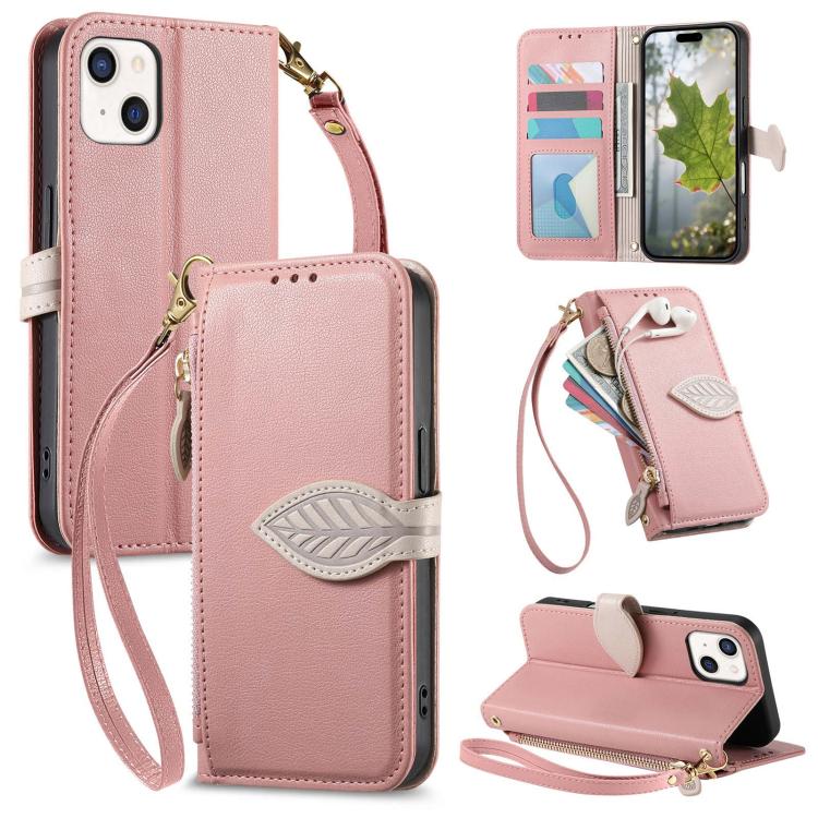 Leaf Buckle Zipper Wallet Leather Phone Case with Strap