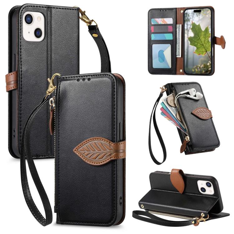Leaf Buckle Zipper Wallet Leather Phone Case with Strap