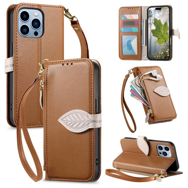 Leaf Buckle Zipper Wallet Leather Phone Case with Strap