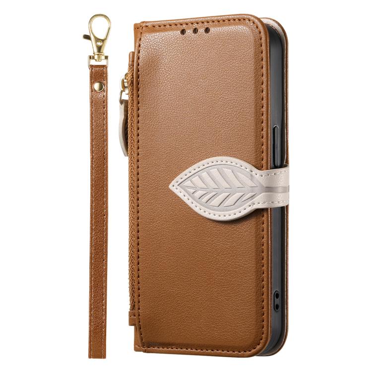 Leaf Buckle Zipper Wallet Leather Phone Case with Strap