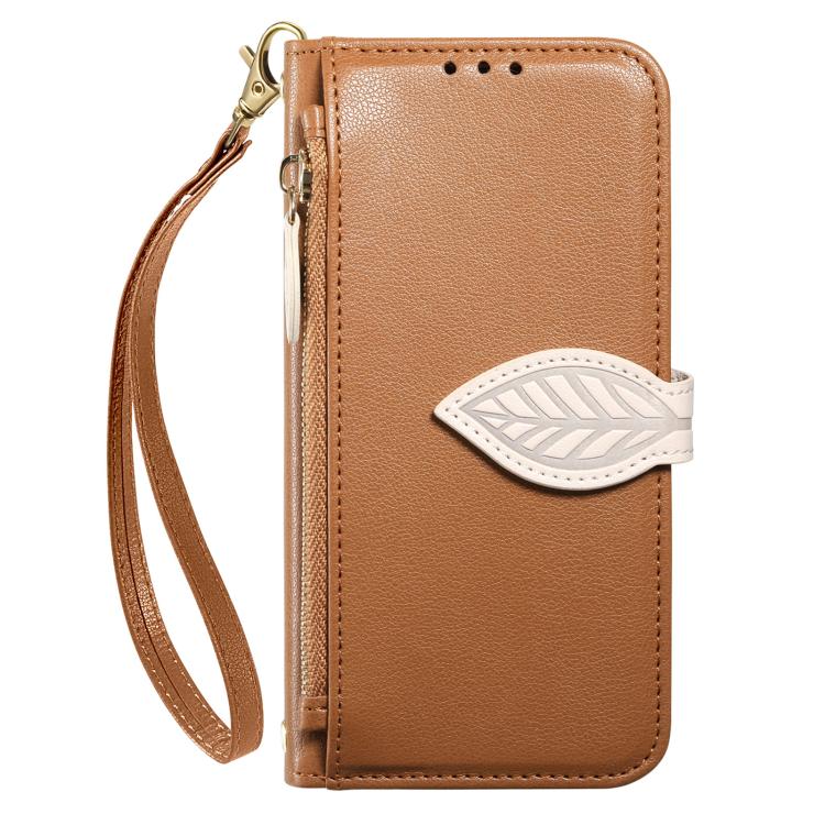 Leaf Buckle Zipper Wallet Leather Phone Case with Strap