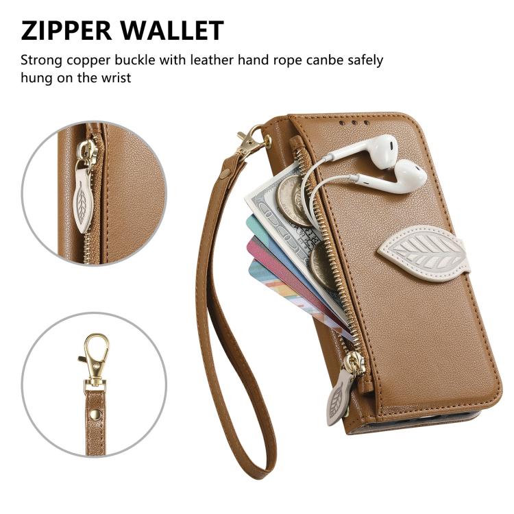 Leaf Buckle Zipper Wallet Leather Phone Case with Strap