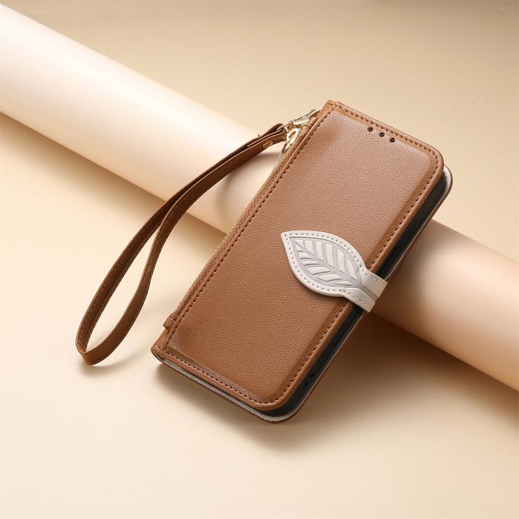 Leaf Buckle Zipper Wallet Leather Phone Case with Strap