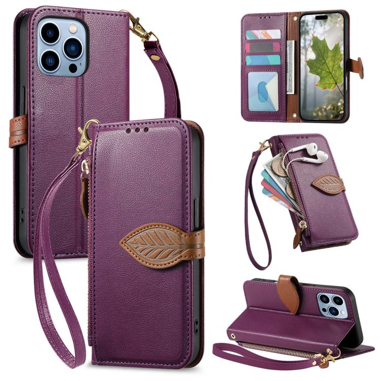 Leaf Buckle Zipper Wallet Leather Phone Case with Strap