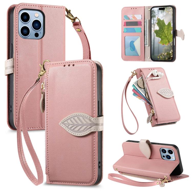 Leaf Buckle Zipper Wallet Leather Phone Case with Strap