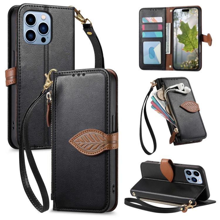 Leaf Buckle Zipper Wallet Leather Phone Case with Strap