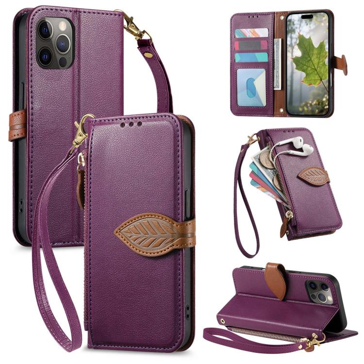 Leaf Buckle Zipper Wallet Leather Phone Case with Strap