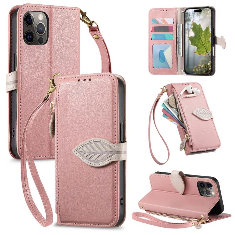 Leaf Buckle Zipper Wallet Leather Phone Case with Strap