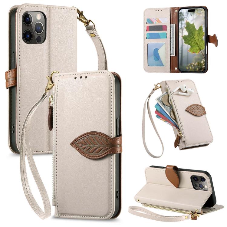 Leaf Buckle Zipper Wallet Leather Phone Case with Strap