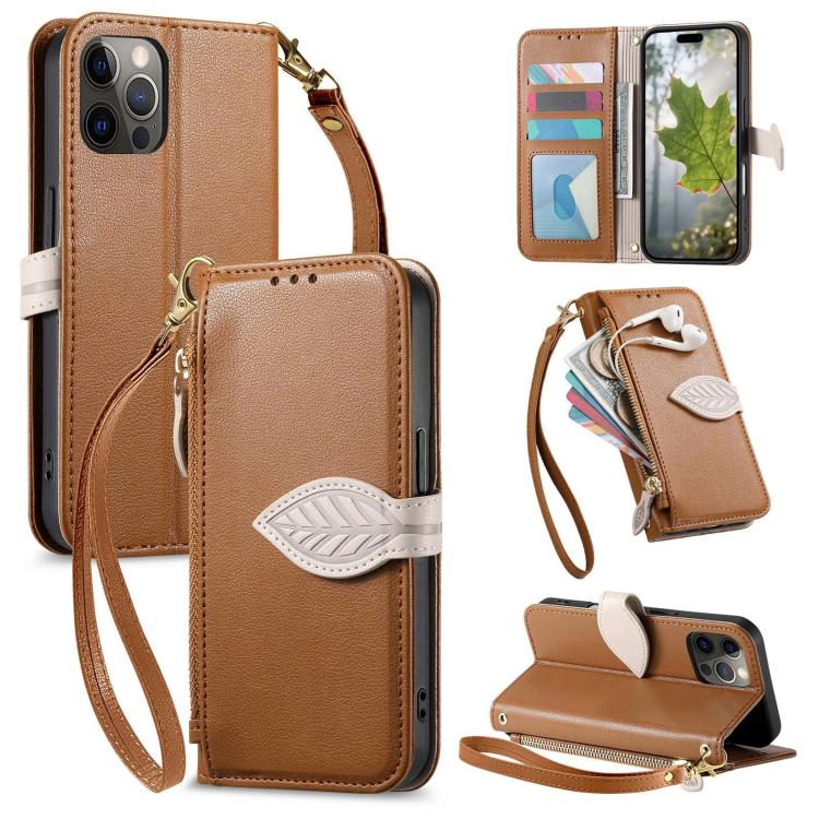 Leaf Buckle Zipper Wallet Leather Phone Case with Strap